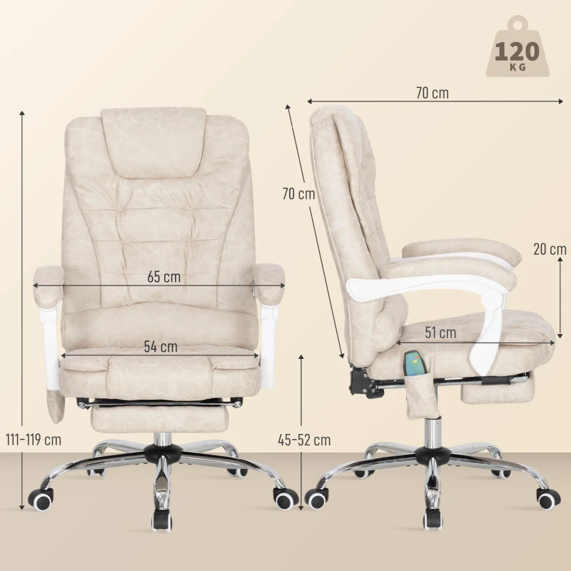 Vinsetto Massagesessel und Heizung Bürostuhl, ergonomischer Bürostuhl, neigbare Rückenlehne, 65x70x111-119cm, Creme
