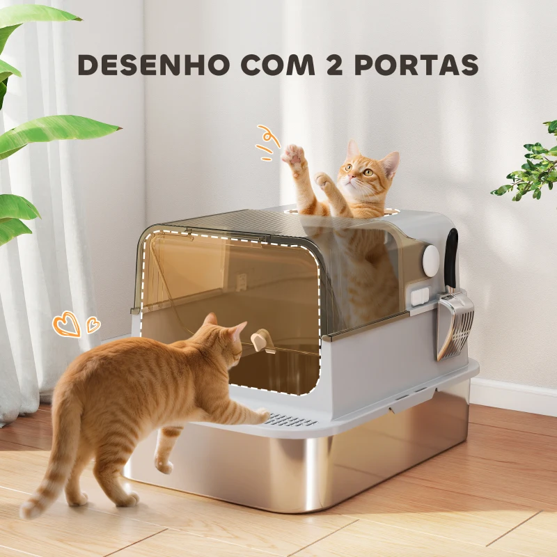 PawHut Caixa de Areia para Gatos em Aço Inoxidável para Gatos Grandes com Tampa Basculante Laterais Altas 70x50x46,5 cm Cinzento