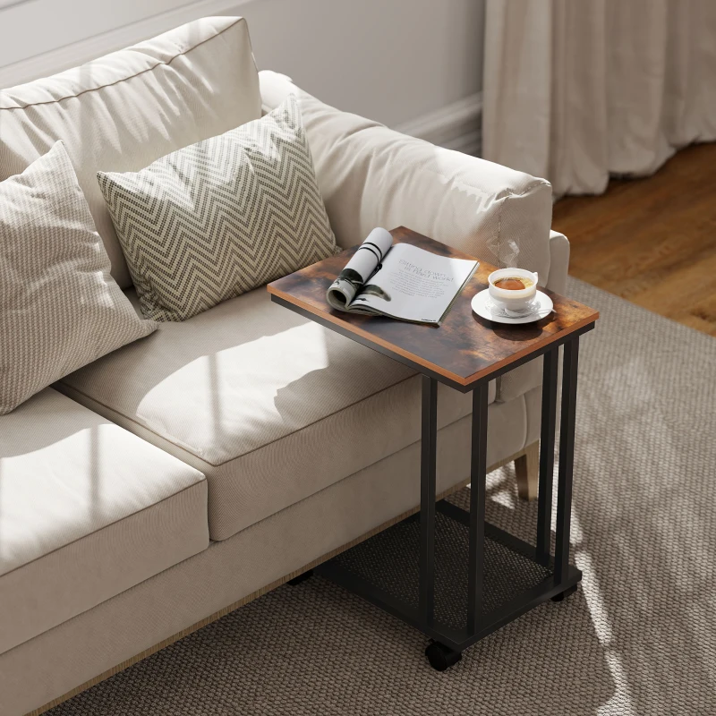 HOMCOM Mesa Lateral Mesa Auxiliar con Ruedas para Sofá Salón Dormitorio Estilo Industrial Retro Mesa Café Ordenador Metal y Madera 51x36x65 cm Natural y Negro(m-9)
