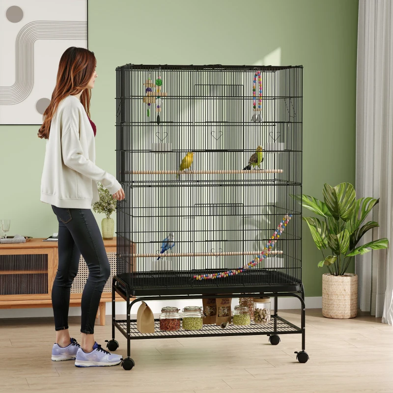 PawHut Gaiola para Pássaros com Rodas Comedouros Poleiros Prateleira Inferior Bandeja Removível 97x58x160 cm Preto