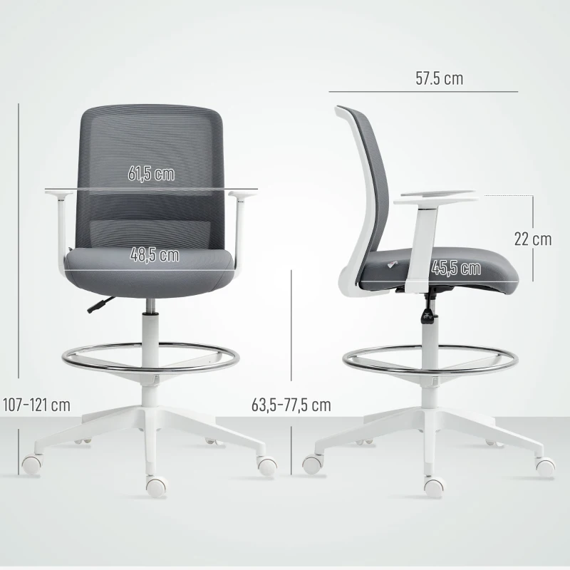 HOMCOM Silla de Dibujo Giratoria de Malla con Reposapiés Soporte Lumbar Respaldo y Altura Ajustable 61,5x57,5x107-121 cm Gris