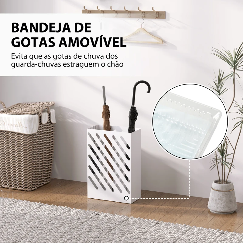 HOMCOM Suporte para Guarda-Chuvas de Aço Galvanizado Estreito com Bandeja de Gotejamento Removível 4 Ganchos 28x14x41 cm Branco