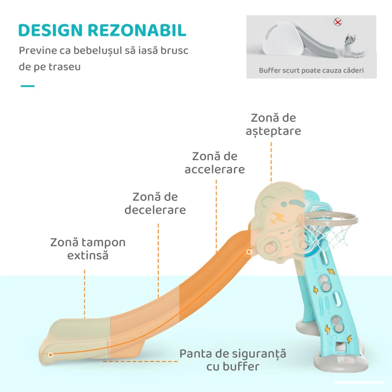 HOMCOM Tobogan pentru Copii, Pliabil cu 3 Trepte și Coș de Baschet, 140x87x75 cm, Albastru