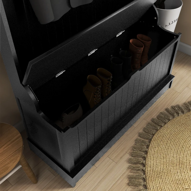 HOMCOM Móvel Cabide de Entrada com Banco Armário de Entrada com Cabide 5 Ganchos e Espaço de Armazenamento 96x34x179,7 cm Preto
