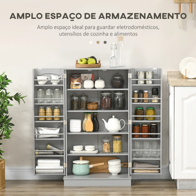 HOMCOM Armário de Cozinha Armário Despensa Cozinha com 2 Portas e 16 Prateleiras Armário Moderno 60x30x104 cm Cinzento