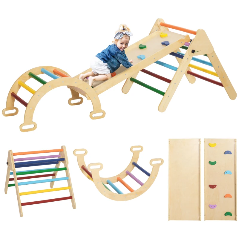 AIYAPLAY Triángulo de Escalada de Madera 5 en 1 con Rampa Escalador de Arco 178x64,5x63 cm Multicolor(m-10)