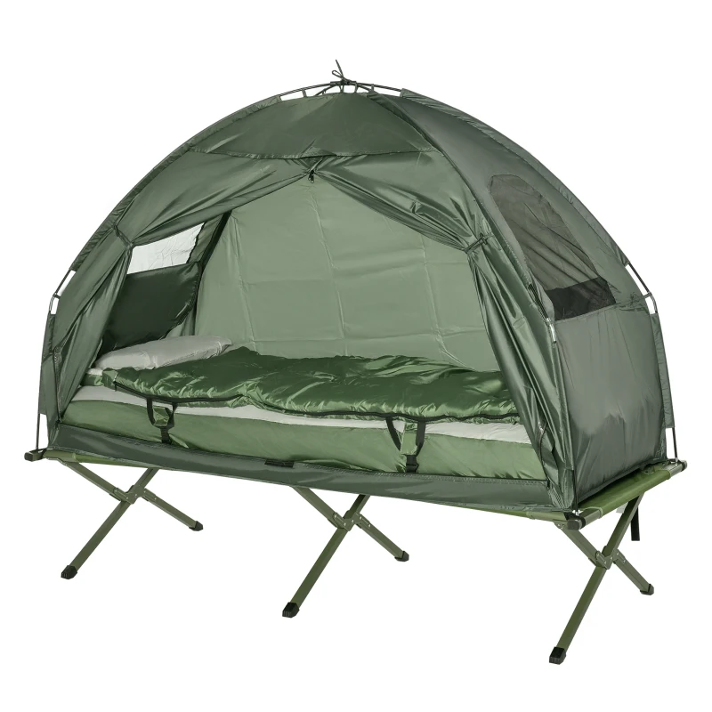 4 en 1 tente surélevée avec lit de camping pliable +sac de couchage +matelas pneumatique+pompe