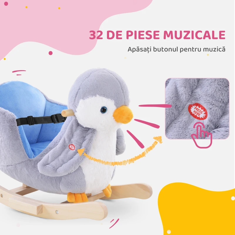 HOMCOM Balansoar Pinguin din Pluș cu Melodii și Centură de Siguranță, Balansoar pentru Copii, 60x33x50 cm, Gri