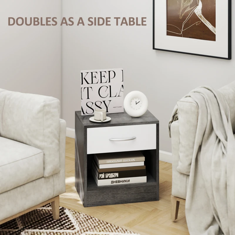 HOMCOM Noptieră Modernă cu Raft Deschis și Sertar, Alb și Gri închis