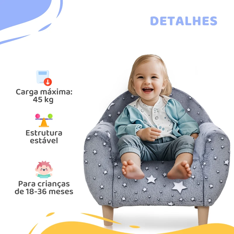 AIYAPLAY Poltrona para Crianças com Desenho de Estrelas que Brilham no Escuro Tecido Suave de Veludo 55x40x55 cm Cinzento