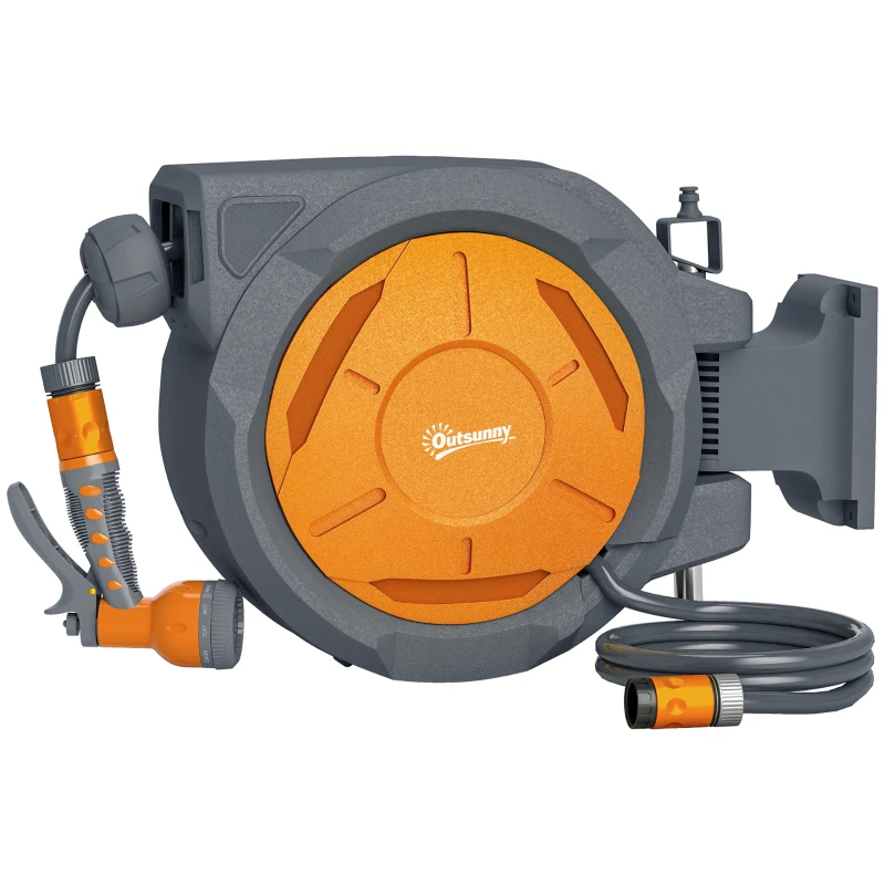 Outsunny Retractable Hose Reel Wall Mounted, 30+2m Garden Hose Pipe Reel with Lock, Auto Rewind, 7 in 1 Spray Nozzle, Includes Wall Fixings, 180° Swivel, Outdoor Watering, 59 x 23 x 42 cm, Orange