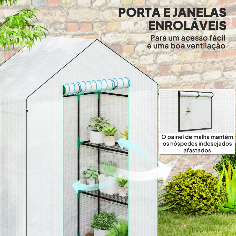 Outsunny Estufa de Jardim Pequena de 3 Níveis com 6 Prateleiras Porta Enrolável e Capa de PE 143x74x190 cm Branco