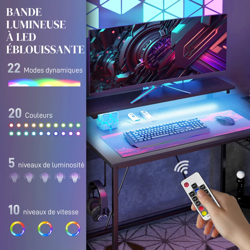 HOMCOM Bureau d'angle réversible, bureau d'ordinateur avec LED, 2 prises et 2 ports USB et panier réglable, 107x80x90cm, noir