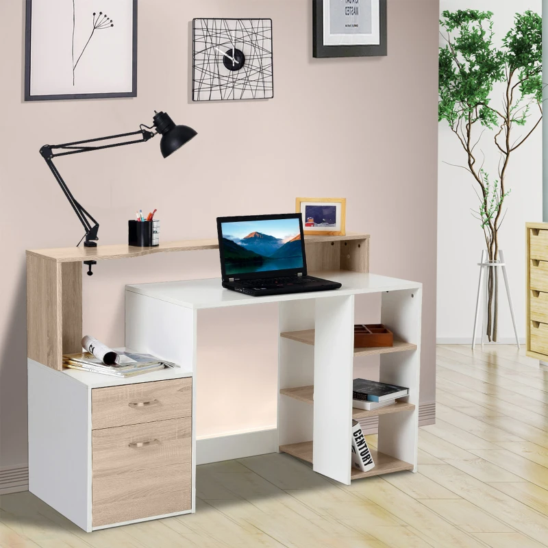 HOMCOM Bureau informatique avec 2 tiroirs, bureau avec rangement, 137 x 55 x 92 cm, étagères ouvertes et tablette d'imprimante, style moderne, table d'ordinateur pour chambre, studio, chêne