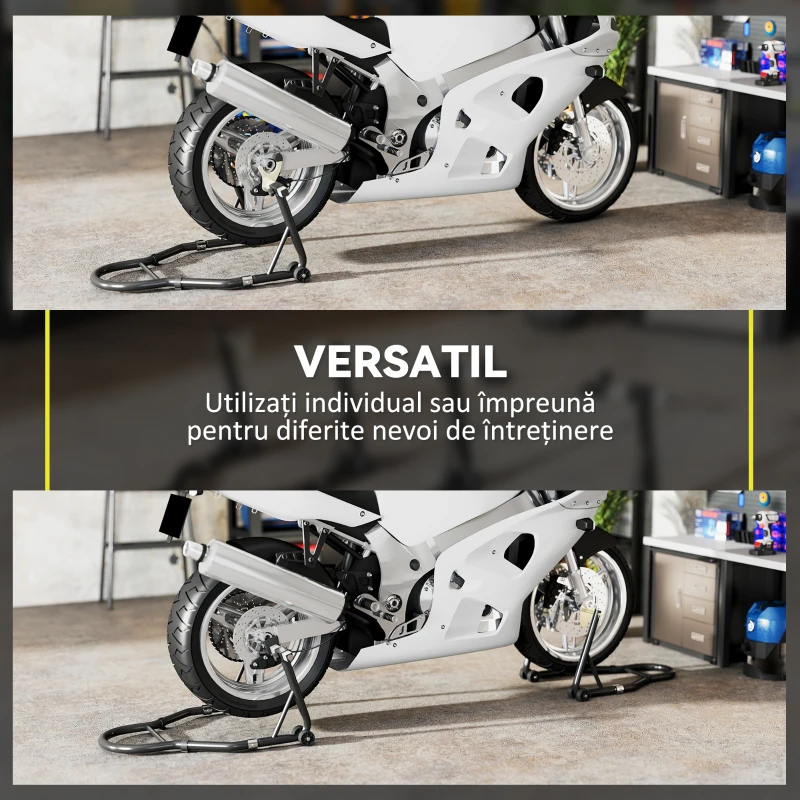 HOMCOM Set de 2 Suporturi Reglabile pentru Motocicletă, Tip Triunghi, din Oțel, Negru