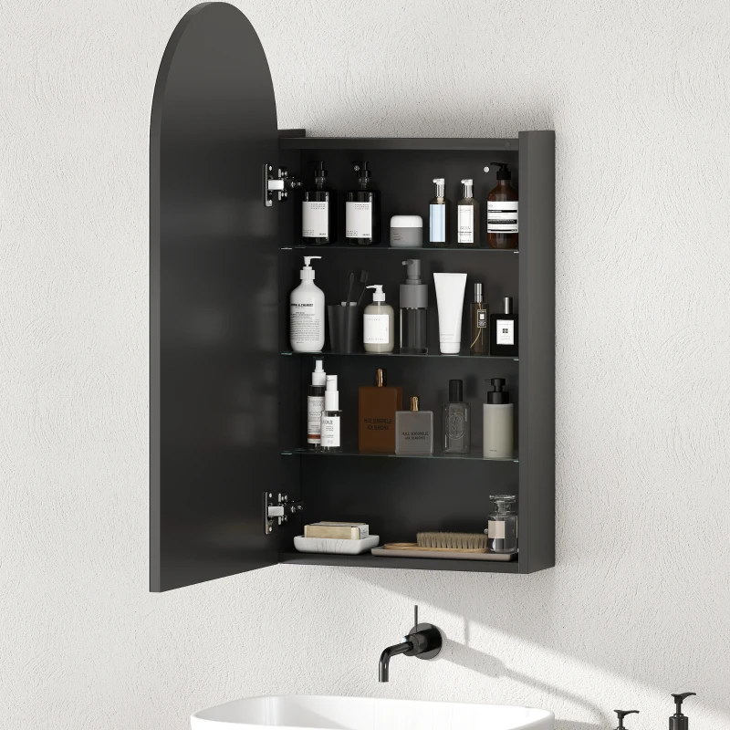 HOMCOM Arched Bathroom Mirror Cabinet with Adjustable Glass Shelves - Black