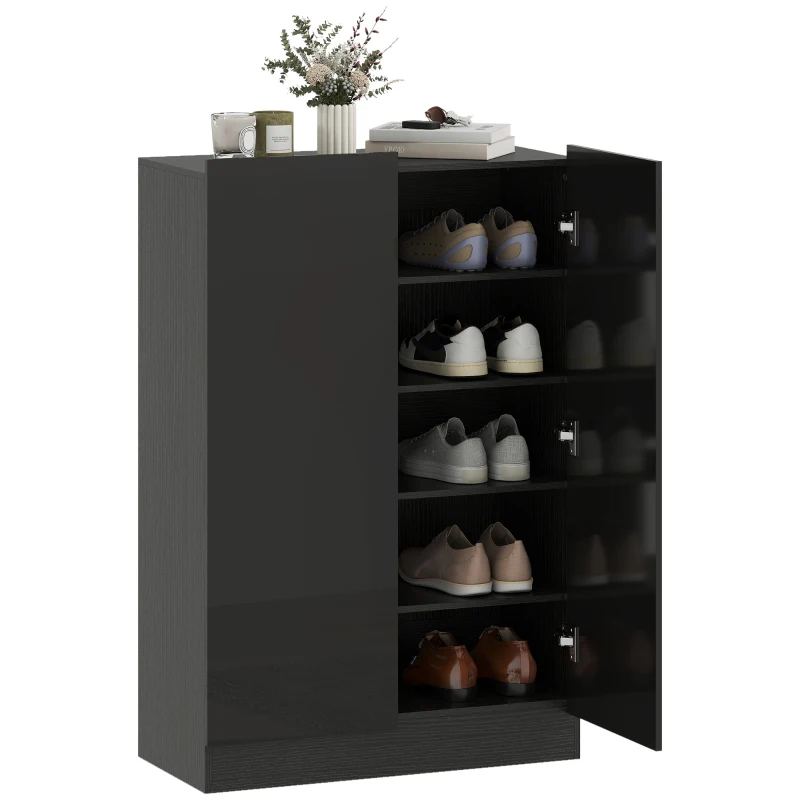 HOMCOM Portascarpe Ingresso con 2 Ante con Chiusura Soft e Ripiani Regolabili per 20 Paia di Scarpe Nero Lucido