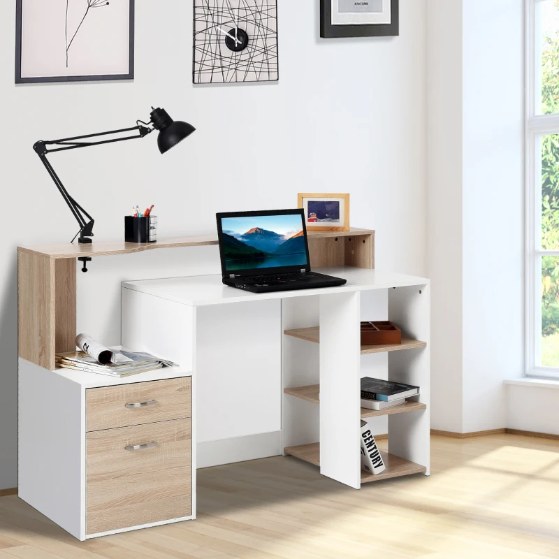 HOMCOM Bureau informatique avec 2 tiroirs, bureau avec rangement, 137 x 55 x 92 cm, étagères ouvertes et tablette d'imprimante, style moderne, table d'ordinateur pour chambre, studio, chêne