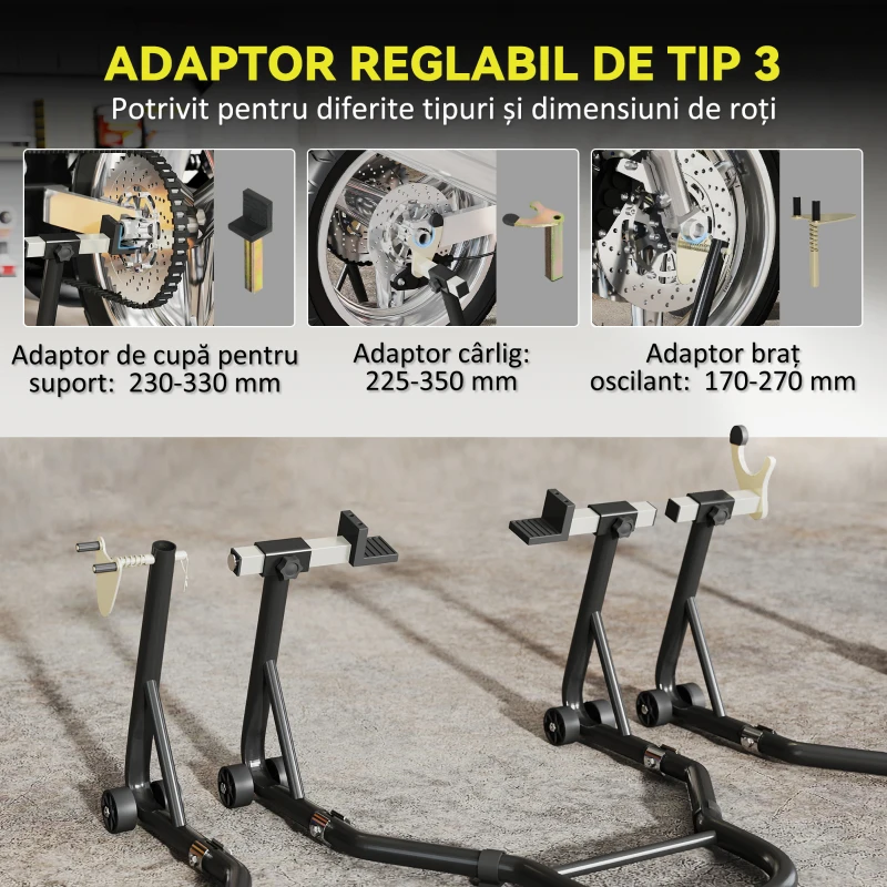 HOMCOM Set de 2 Suporturi Reglabile pentru Motocicletă, Tip Triunghi, din Oțel, Negru