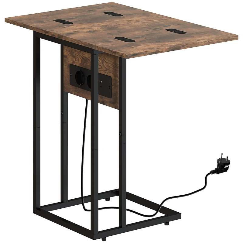 HOMCOM Tavolino da Salotto a C Espandibile con 2 Stazioni di Ricarica, in Legno e Metallo, 39x29x57 cm, Nero e Marrone
