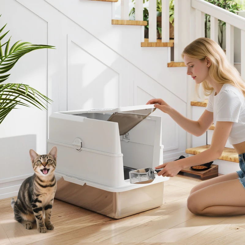 PawHut Bac à litière pour chat fermé, maison de toilette pour chat en acier inoxydable, 60,2 x 40,2 x 43,7 cm, gris clair