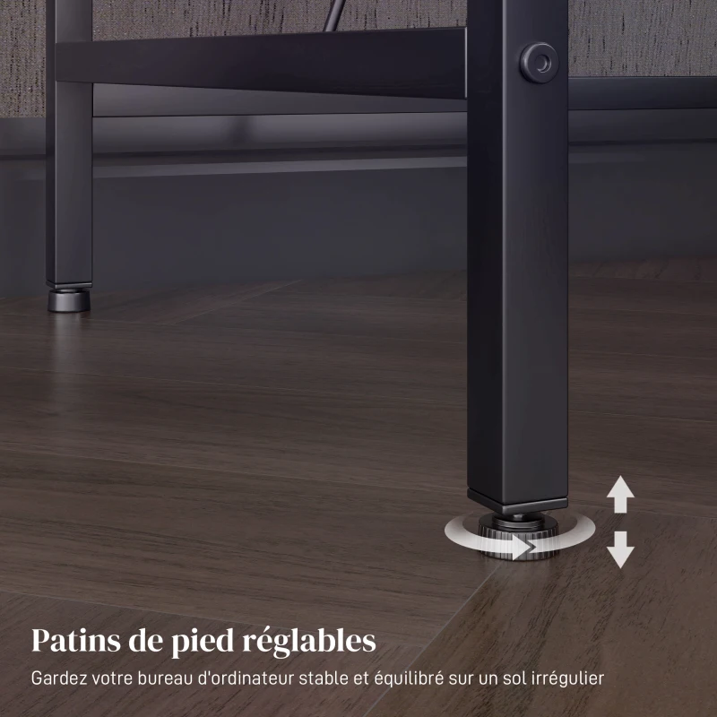 HOMCOM Bureau d'angle réversible, bureau d'ordinateur avec LED, 2 prises et 2 ports USB et panier réglable, 107x80x90cm, noir