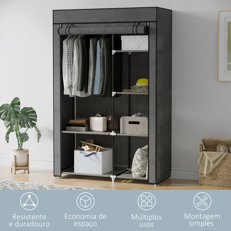 HOMCOM Roupeiro de Tecido Dobrável com 6 Prateleiras e 1 Barra de Pendurar para Dormitório Vestidor 103x43x162,5 cm Cinzento