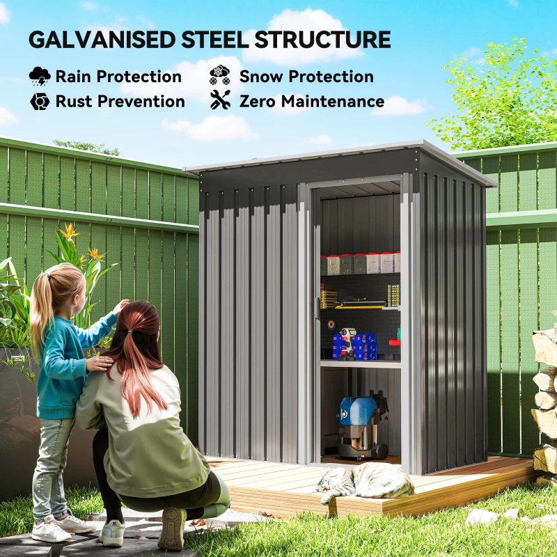 Outsunny 5 x 3ft Garden Storage Shed with Sliding Door and Sloped Roof Outdoor Equipment Tool, Light Grey