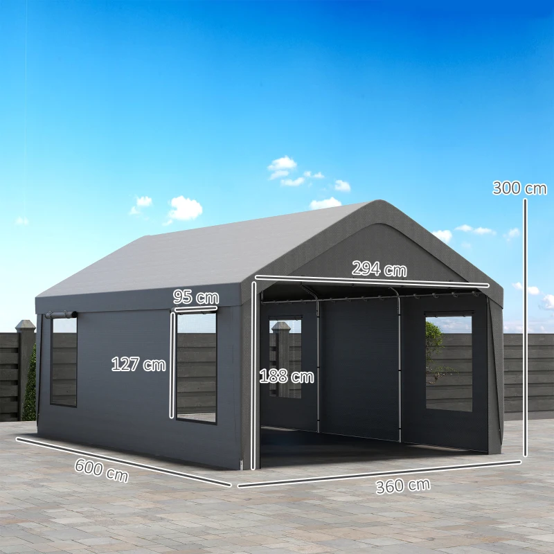 Outsunny Tenda Garagem Tenda para Carro 6x3,6 m Impermeável com Tecido PE Resistente Estrutura de Aço Paredes Removíveis Cinzento Escuro