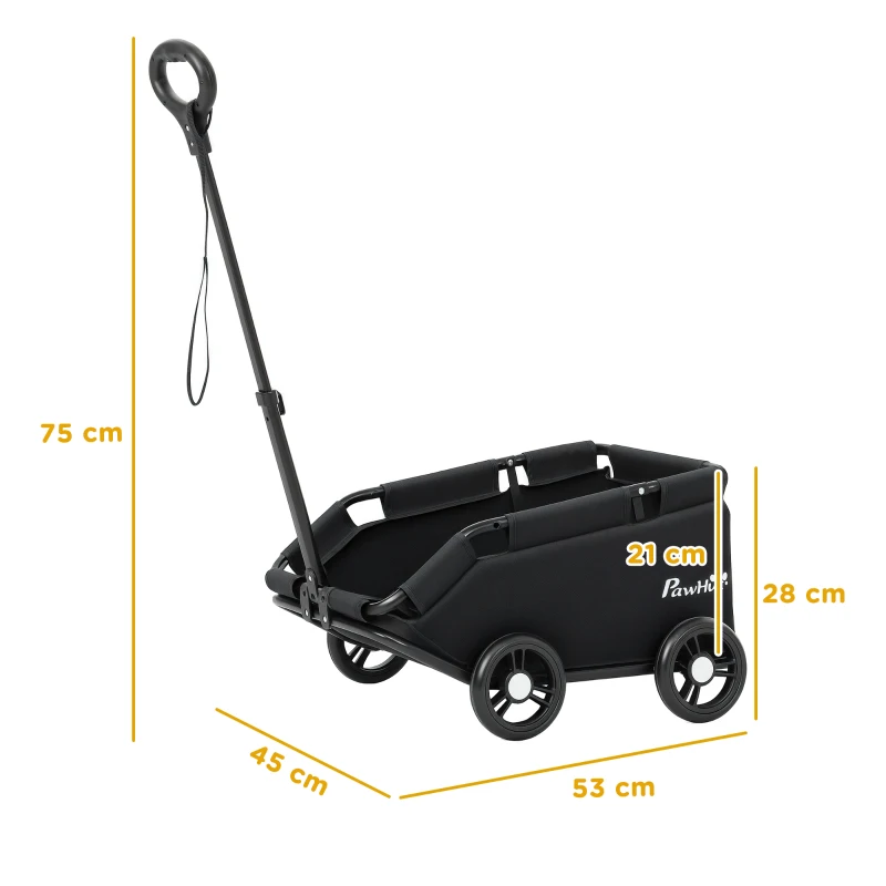 PawHut hondenwagen, inklapbare hondenbuggy voor dwerghonden tot 4 kg, opvouwbare kattenbuggy met duwstang, wasbaar kussen, veiligheidslijnen, opbergzak, 4 wielen, Zwart(m-3)