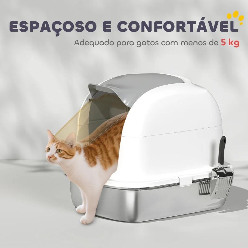 PawHut Caixa de Areia para Gatos em Aço Inoxidável XL com Tampa Abatível Laterais Altas Entrada Superior e Pá 52,4x41,3x42 cm Branco