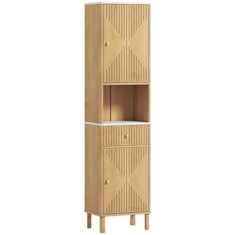 HOMCOM Badezimmerschrank mit Schublade, 2 Schränken und verstellbaren Regalen, Marmoreffekt-Regal, 41,5x30x168 cm, Eiche