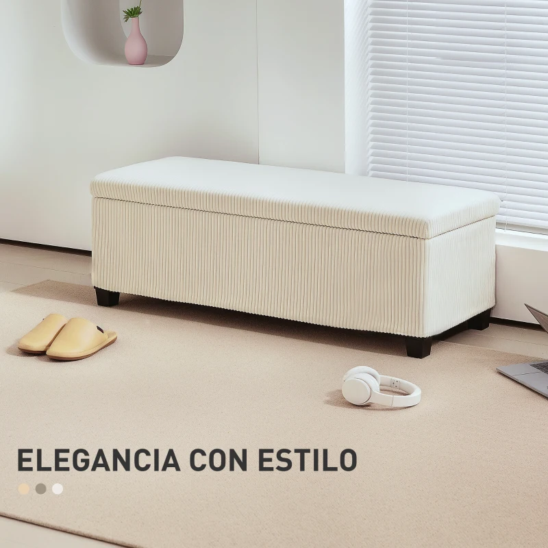 HOMCOM Banco Almacenaje Capacidad de 84 L 112x42x40cm Tapizado en Pana Pie de Cama para Sala de Estar Dormitorio Beige