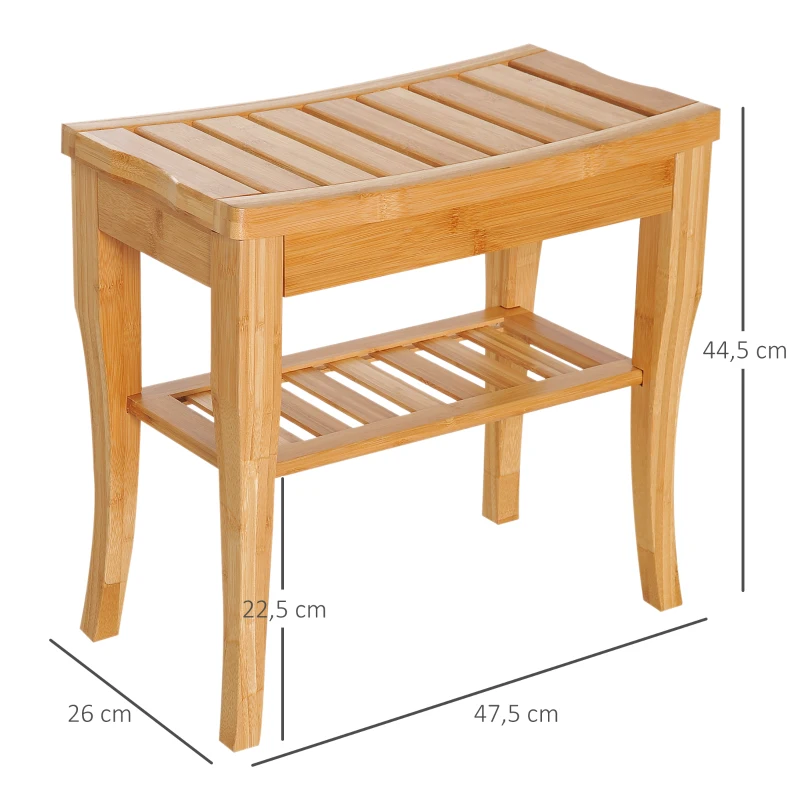 HOMCOM Banco para Casa de Banho de Bambu com Prateleira de Arrumação Antiderrapante Impermeável e Resistente 47,5x26x44,5 cm Madeira