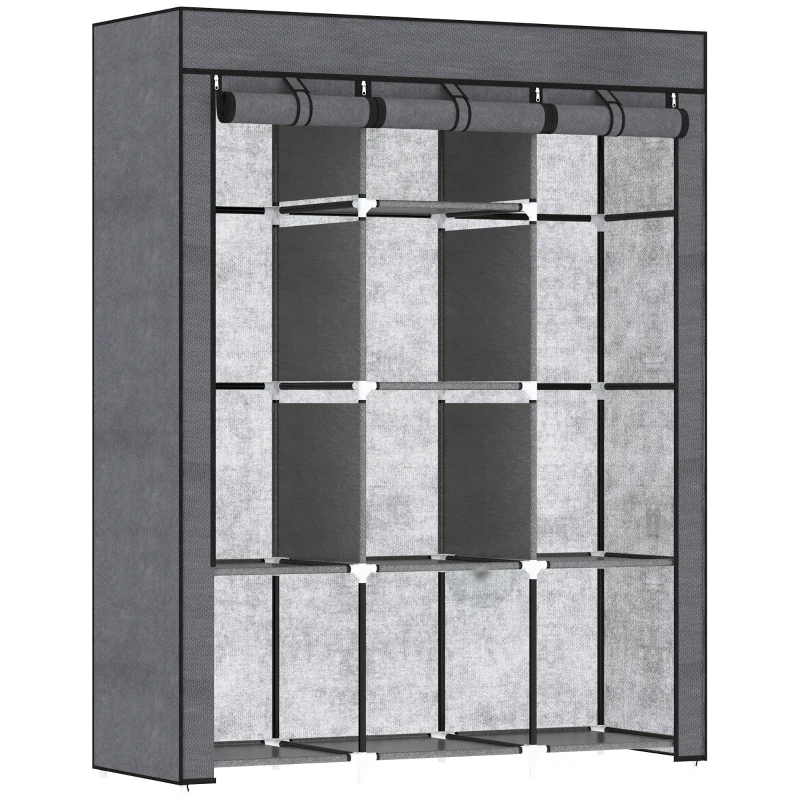 HOMCOM Roupeiro de Tecido Dobrável com 8 Prateleiras de Armazenamento e 2 Barras de Pendurar 125x43x162,5 cm Cinzento
