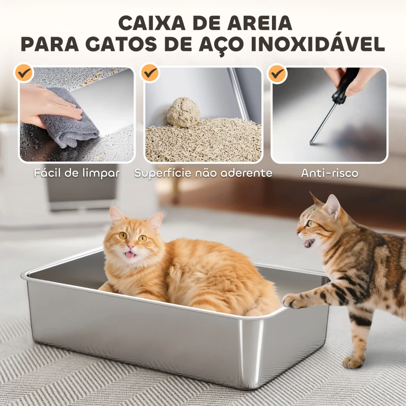 PawHut Caixa de Areia para Gatos de Aço Inoxidável XL com Tampa Abatível Entradas Altas Pá Antifugas 60,2x40,2x44,5 cm Cinza Claro