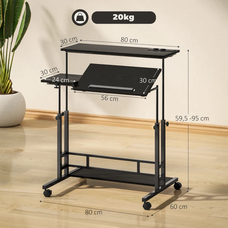 HOMCOM Secretária Elevatória com Rodas Tomadas e Entrada USB Altura Ajustável e Painel Central Inclinado 80x60x59,5-95 cm Preto