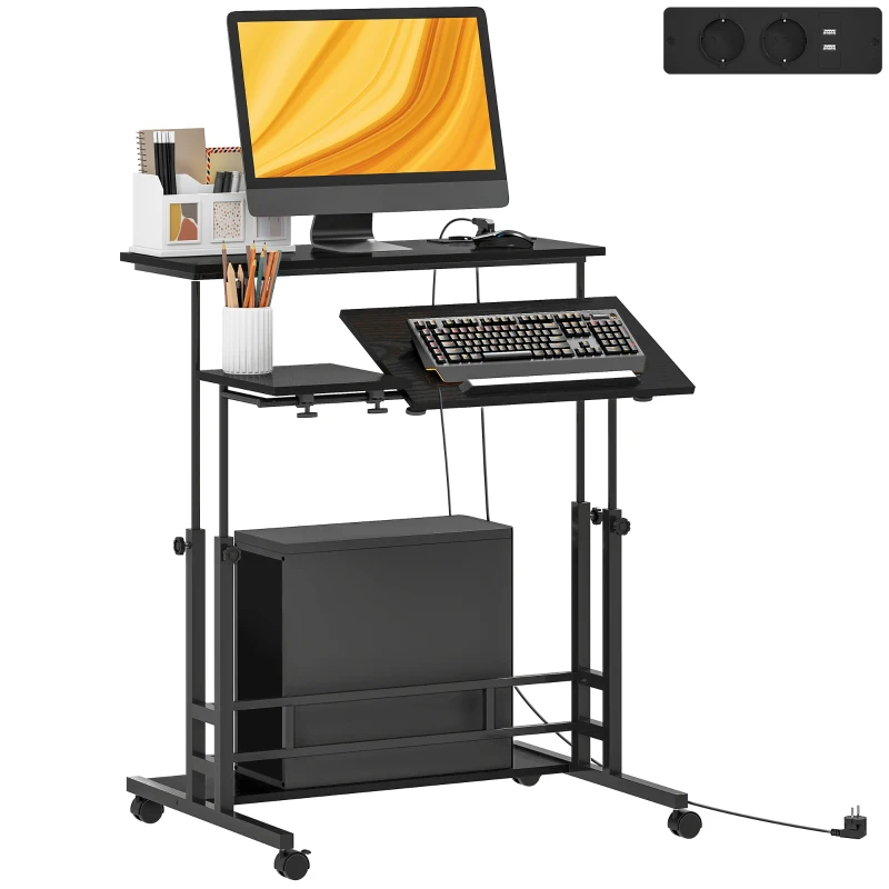 HOMCOM Secretária Elevatória com Rodas Tomadas e Entrada USB Altura Ajustável e Painel Central Inclinado 80x60x59,5-95 cm Preto