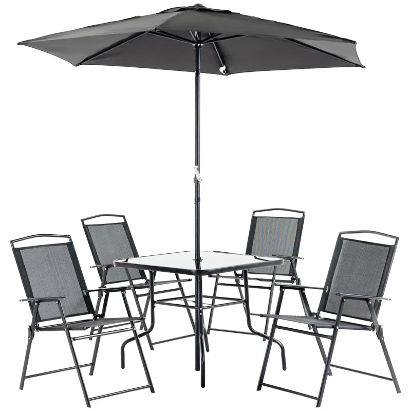Outsunny Conjunto de Jardim Refeição com 4 Cadeiras Dobráveis Mesa e Chapéu de Sol Inclinável 80x80x70cm Preto