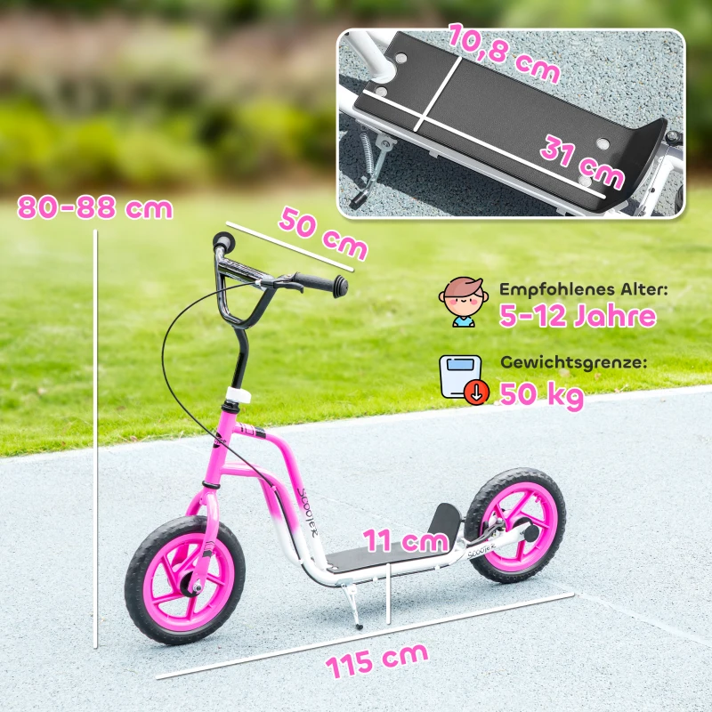 AIYAPLAY Kinderroller met verstelbaar stuur, grote wielen, parkeerstandaard, handrem, voor kinderen van 5-12 jaar, Roze(m-3)