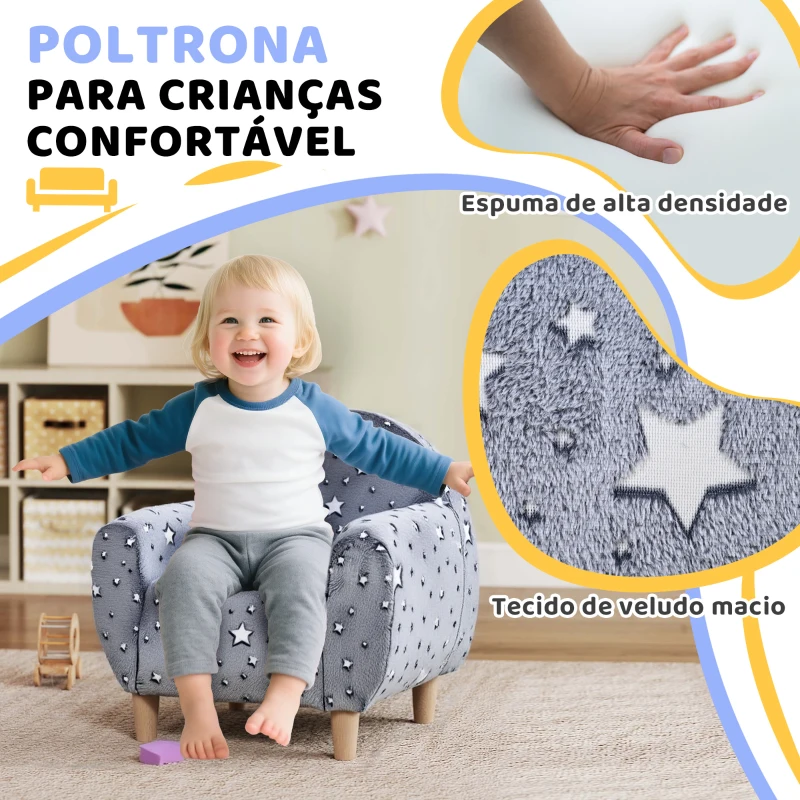 AIYAPLAY Poltrona para Crianças com Desenho de Estrelas que Brilham no Escuro Tecido Suave de Veludo 55x40x55 cm Cinzento
