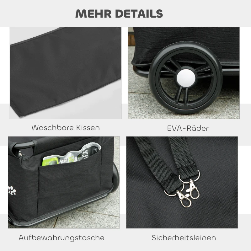 PawHut hondenwagen, inklapbare hondenbuggy voor dwerghonden tot 4 kg, opvouwbare kattenbuggy met duwstang, wasbaar kussen, veiligheidslijnen, opbergzak, 4 wielen, Zwart(m-7)