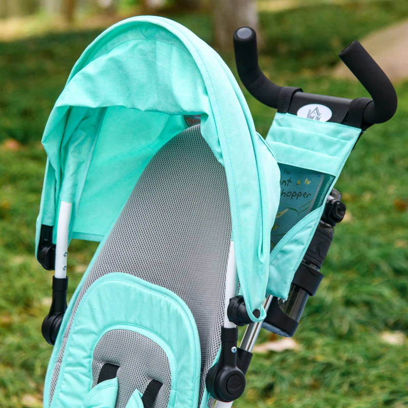 HOMCOM Triciclo para Bebés 2 em 1 de +12 Meses com Capota Dobrável Guiador Telescópico e Removível Bolsa e Porta-Garrafas Verde Água