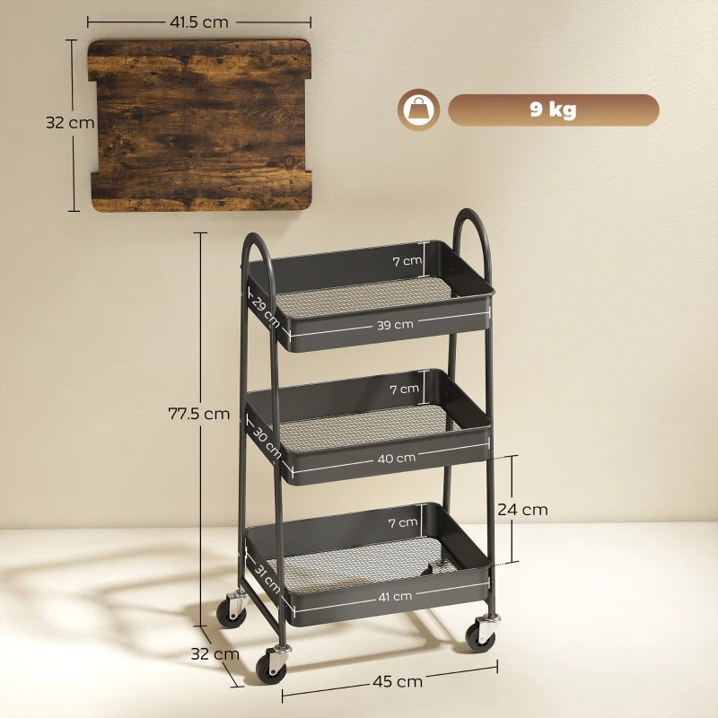 HOMCOM 3-Tier Kitchen Storage Trolley with on Wheels Cover Top Board - Rustic Brown and Black