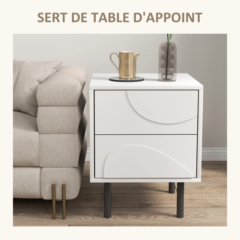HOMCOM Table de chevet étroite, table d'appoint avec 2 tiroirs à ouverture par pression, pieds en acier, 40 x 40 x 50 cm, blanc