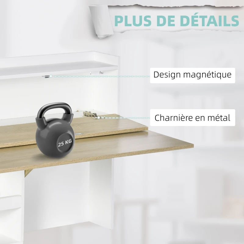 HOMCOM Bureau pliable mural avec étagères de rangement et placard, bureau rabattable, 100 x 18 x 74 cm effet bois naturel(m-6)