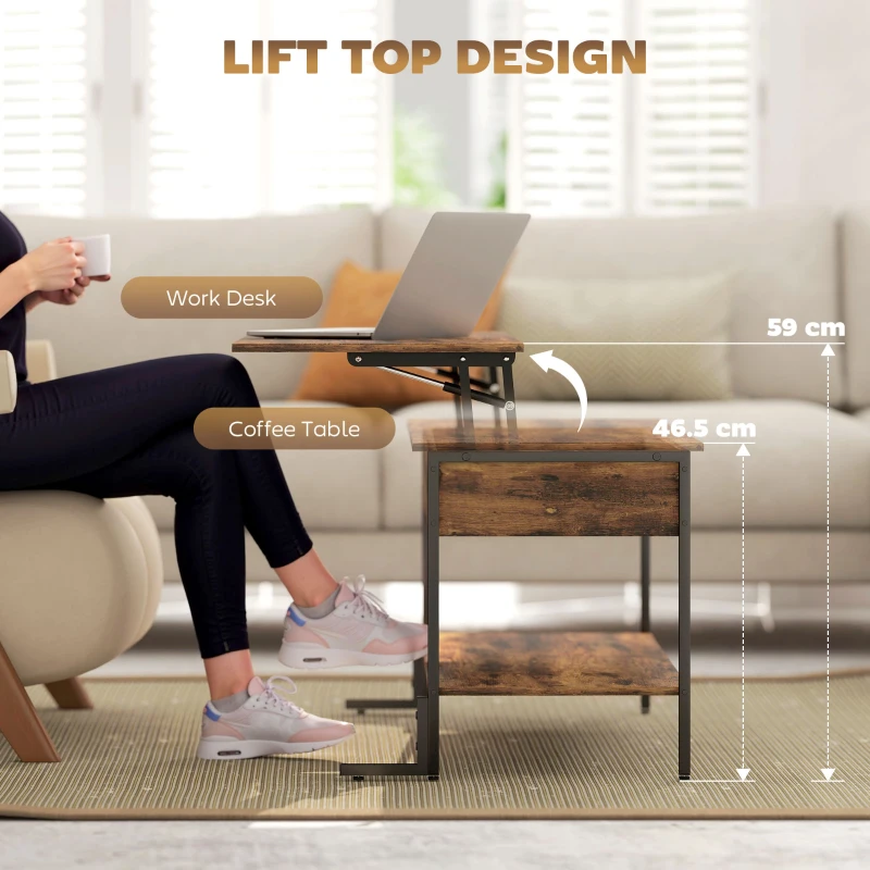 HOMCOM Masă de Cafea cu Blat Ridicabil și Compartiment Inferior în Stil Industrial, Maro