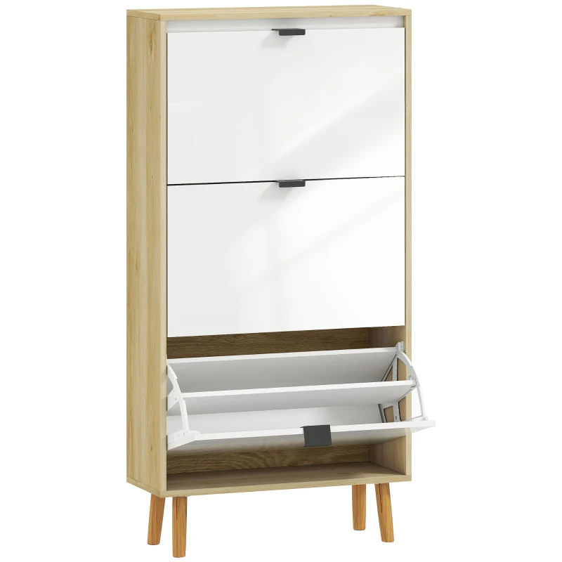 HOMCOM Sapateira Estreita com 3 Portas em Branco Brilhante Prateleiras Ajustáveis Pernas de Madeira para 18 Pares de Sapatos 60x24x127 cm