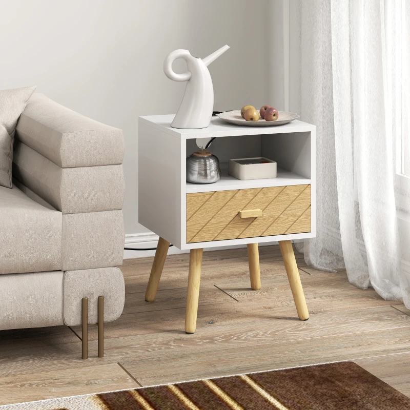 HOMCOM Mesa de Cabeceira com Estação de Carregamento Gaveta 2 Tomadas AC Porta USB e Tipo-C  40x35x54,7 cm Branco