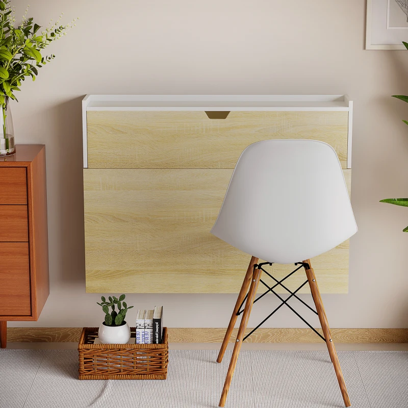 HOMCOM Bureau pliable mural avec étagères de rangement et placard, bureau rabattable, 100 x 18 x 74 cm effet bois naturel(m-7)